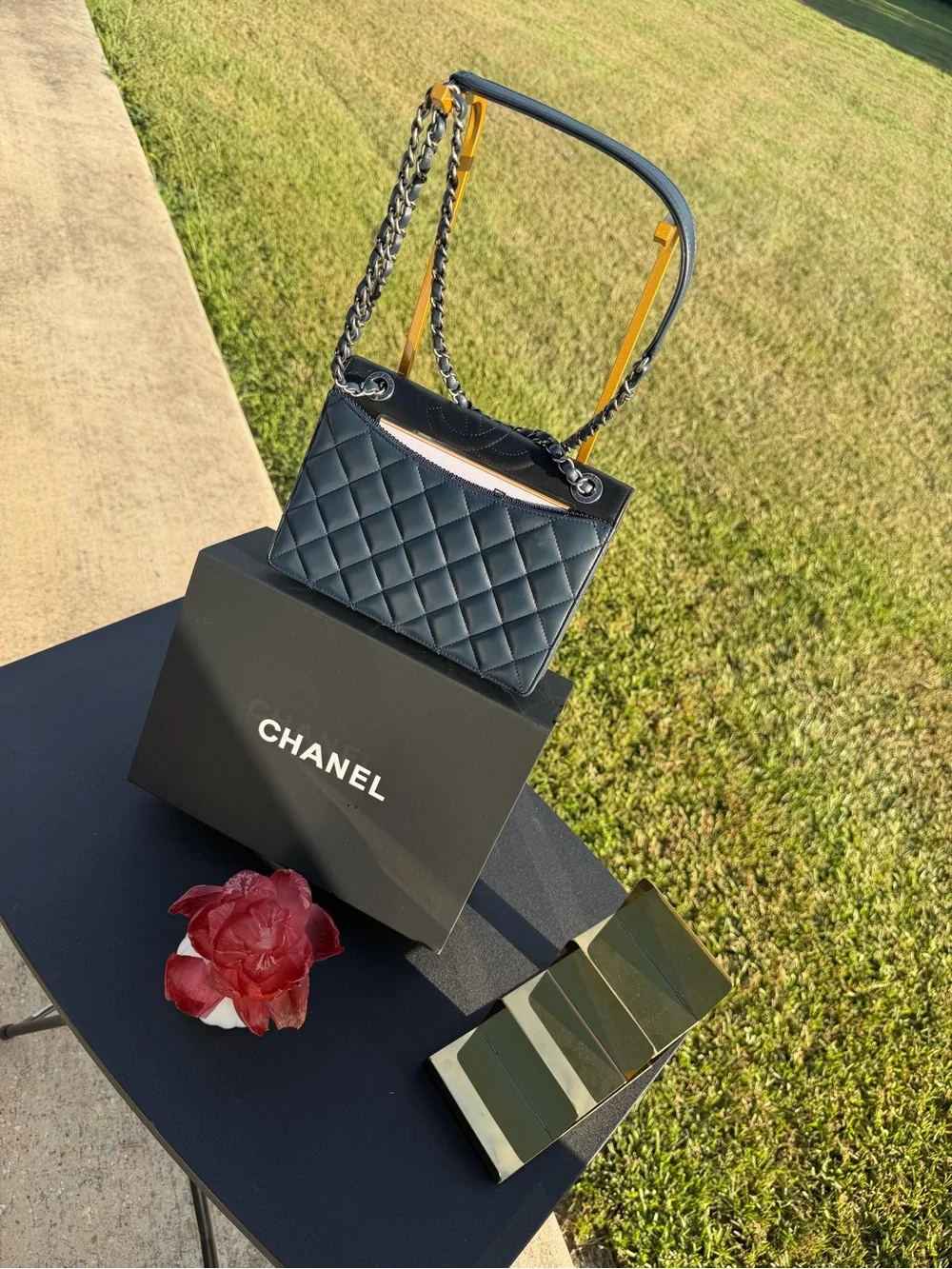 CHANEL Black Quilted Leather Crossbody Bag with Chain Strap